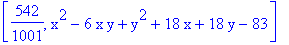 [542/1001, x^2-6*x*y+y^2+18*x+18*y-83]